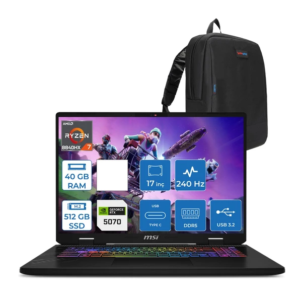 Msı Crosshair A17 Hx Amd Ryzen 7 8840HX 40GB Ddr5 512GB SSD 8GB/RTX5070/115W 16” Qhd+ (2560X1600) 240Hz IPS Freedos Taşınabilir Bilgisayar D8WGKGF13 + Zettaçanta ürün görseli 1