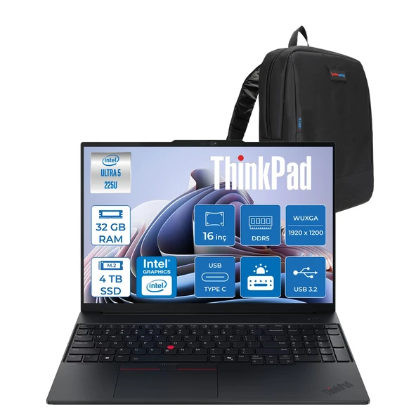 Lenovo Thinkpad E16 Gen 3 Intel Core Ultra 5 225U 32GB Ddr5 4tb SSD Freedos Intel Aı Boost 16 Inç Wuxga (1920 x 1200) IPS 300NITS Taşınabilir Bilgisayar 21SR006VTXF15 + Zetta Çanta ürün görseli 1