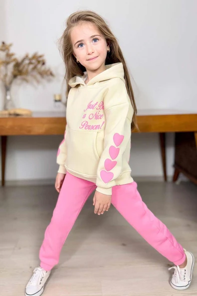 Kız Çocuk Sırt Baskılı ve Kollarında Yazı Detaylı Sweatshirt Pembe Eşofman Takım ürün görseli