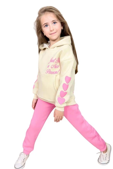 Kız Çocuk Sırt Baskılı ve Kollarında Yazı Detaylı Sweatshirt Pembe Eşofman Takım - Resim 6