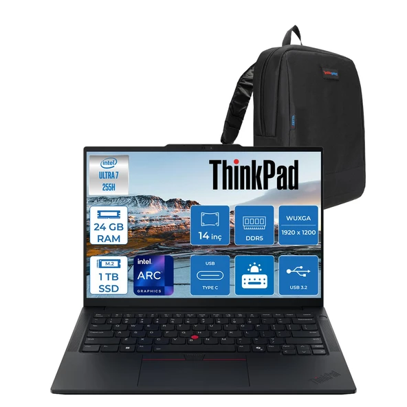 Lenovo Thinkpad E14 Gen 7 Intel Core Ultra 7 255H Aı 24GB Ddr5 1tb SSD Intel® Arc™ 140T 14" Wuxga (1920X1200) IPS 300NITS IPS Freedos Taşınabilir BILG.T21SX007CTXF03+ZETTAÇANTA ürün görseli 1