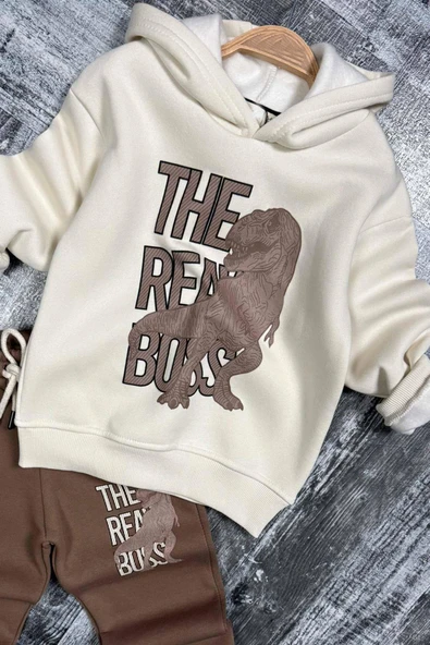 Erkek Çocuk Önü Yazı Ve Dino Baskılı Kapşonlu Sweatshirt 3 İplik Kahverengi Eşofman Takım - Resim 2