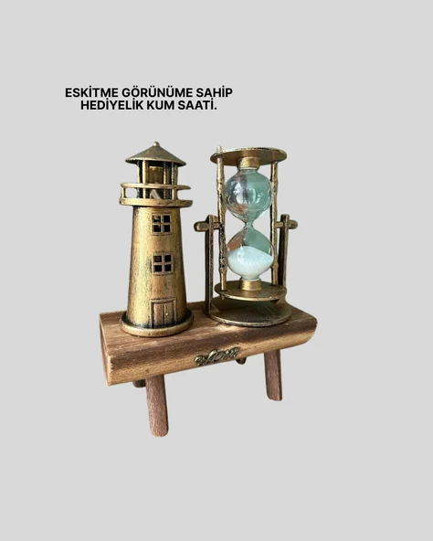Vintage Kum Saati + Deniz Feneri Modeli – Ahşap Gövdeli Masa Üstü Dekor - 3