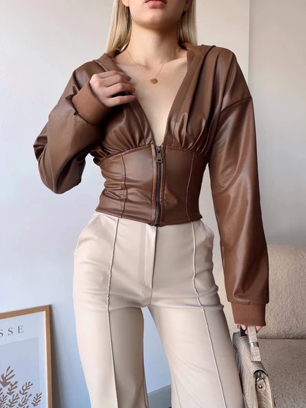 Kapşonlu yarım fermuarlı ceket kahve h24116 ürün görseli