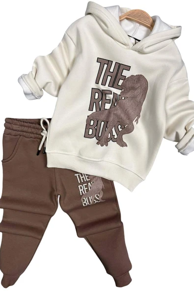 Erkek Çocuk Önü Yazı Ve Dino Baskılı Kapşonlu Sweatshirt 3 İplik Kahverengi Eşofman Takım - Resim 4