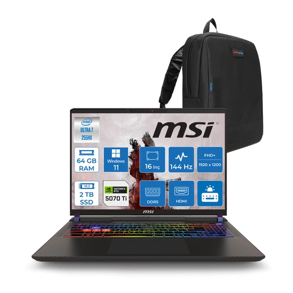Vector 16 Intel Core Ultra 7 255HX 64GB 2tb SSD RTX5070TI 12GB Tdp 140W Gddr7 Windows 11 Home 16" Fhd+ 144Hz Taşınabilir Bilgisayar A2XWHG091XTRH28 + Zetta Çanta