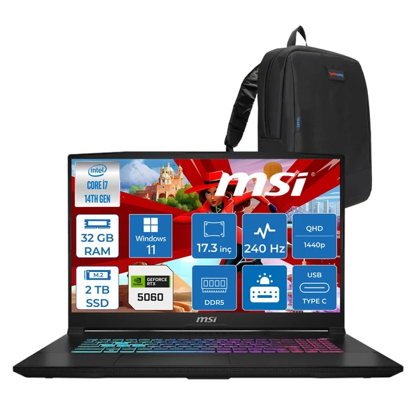MSI Msı Katana 17 Hx Intel Core I7 14650HX 32GB Ddr5 2tb SSD Windows 11 Pro RTX5060 8gb Gddr7 115W 17 Inç 2k QHD(2560X1440) 240HZ Gaming Laptop B14WFK216XTRP14 + Zetta Çanta ürün görseli 1