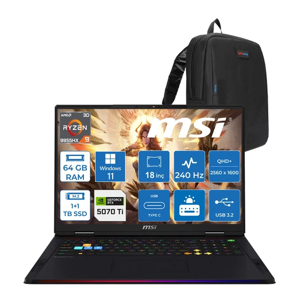 Msı Raıder A18 Hx A9WHG-266TR Amd Ryzen 9-9955HX3D Aı 64GB 1tb Ssd+1tbssd RTX5070 Ti 12GB 140W 18 Inç 2k Qhd+ 240Hz IPS WINDOWS11PRO Gaming Laptop ZW266TRP28+ZETTAÇANTA ürün görseli 1