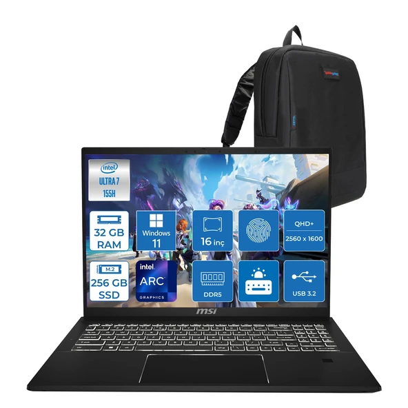 Msı Summit E16 Aı Evo A1MTG Intel  Ultra 7 155H 32 GB 256GB SSD Arc Graphics 16" QHD+(2560X1600) 165Hz IPS Dokunmatik WIN11HOME Ikisi Bir Arada Notebook 015TRH01+ZETTAÇANTA ürün görseli 1