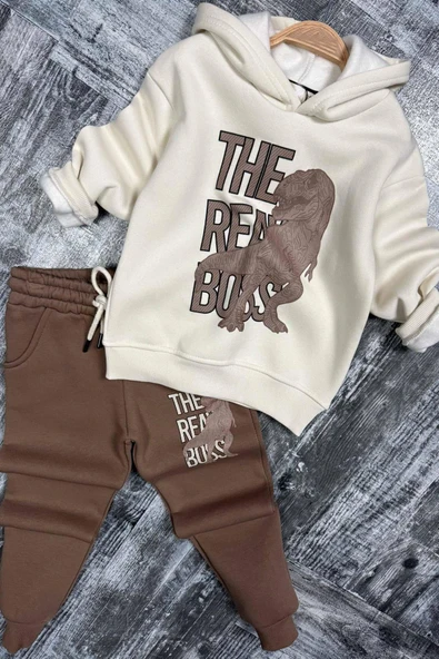 Erkek Çocuk Önü Yazı Ve Dino Baskılı Kapşonlu Sweatshirt 3 İplik Kahverengi Eşofman Takım ürün görseli
