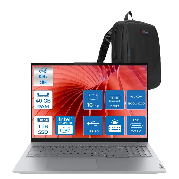 Thinkbook 16 G8 Irl Intel Core 7 240H 40GB Ddr5 1tb SSD Intel Iris Xe Graphics 16" Wuxga IPS 300NITS 60Hz Windows 11 Home Taşınabilir Bilgisayar 21SH009GTXH14 + Zettaçanta ürün görseli 1