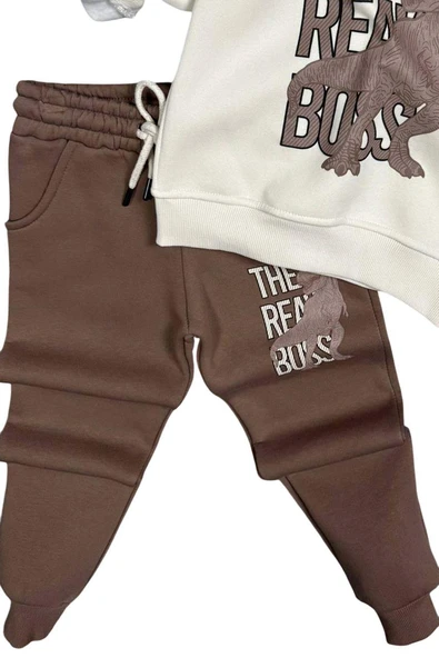 Erkek Çocuk Önü Yazı Ve Dino Baskılı Kapşonlu Sweatshirt 3 İplik Kahverengi Eşofman Takım - Resim 6