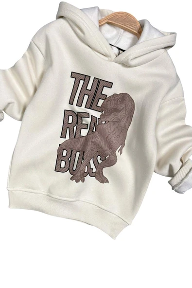 Erkek Çocuk Önü Yazı Ve Dino Baskılı Kapşonlu Sweatshirt 3 İplik Kahverengi Eşofman Takım - Resim 5