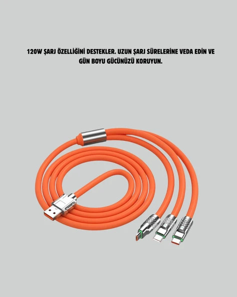3’ü 1 Arada Kablo – 120W Hızlı Şarj ve Veri Aktarımı Özellikli - 5