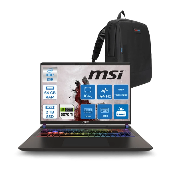 Vector 16 Intel Core Ultra 7 255HX 64GB 2tb SSD RTX5070TI 12GB Tdp 140W Gddr7 Freedos 16" Fhd+ 144Hz Taşınabilir Bilgisayar A2XWHG091XTRF28 + Zetta Çanta