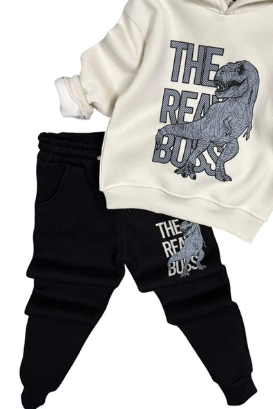 Erkek Çocuk Önü Yazı Ve Dino Baskılı Kapşonlu Sweatshirt 3 İplik Siyah Eşofman Takım - Resim 6