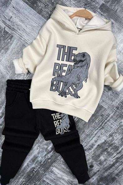 Erkek Çocuk Önü Yazı Ve Dino Baskılı Kapşonlu Sweatshirt 3 İplik Siyah Eşofman Takım ürün görseli