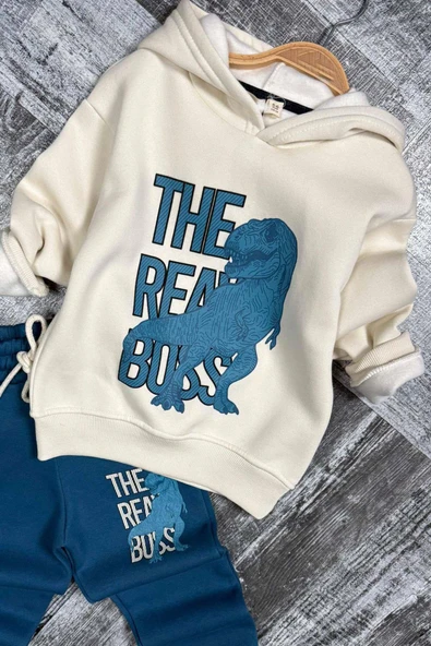 Erkek Çocuk Önü Yazı Ve Dino Baskılı Kapşonlu Sweatshirt 3 İplik Mavi Eşofman Takım - Resim 2