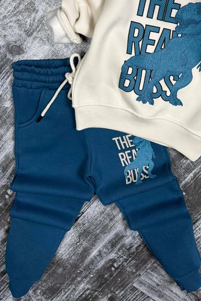 Erkek Çocuk Önü Yazı Ve Dino Baskılı Kapşonlu Sweatshirt 3 İplik Mavi Eşofman Takım - Resim 3