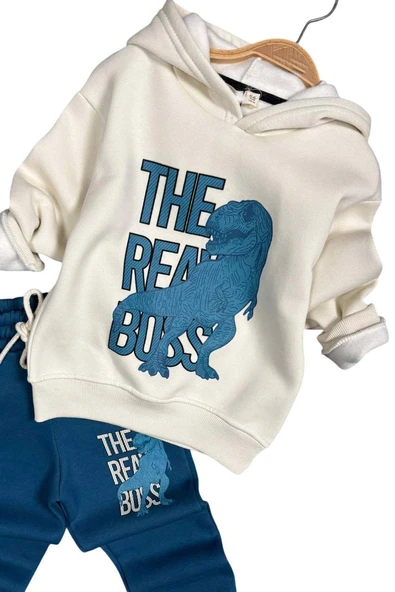 Erkek Çocuk Önü Yazı Ve Dino Baskılı Kapşonlu Sweatshirt 3 İplik Mavi Eşofman Takım - Resim 5