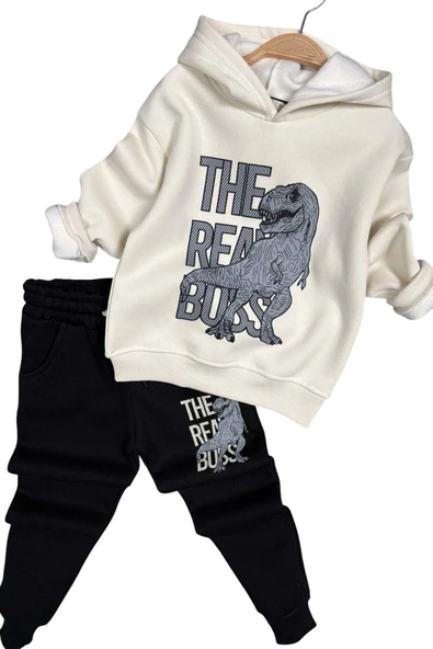 Erkek Çocuk Önü Yazı Ve Dino Baskılı Kapşonlu Sweatshirt 3 İplik Siyah Eşofman Takım - Resim 4