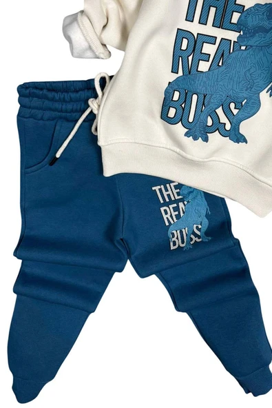 Erkek Çocuk Önü Yazı Ve Dino Baskılı Kapşonlu Sweatshirt 3 İplik Mavi Eşofman Takım - Resim 6