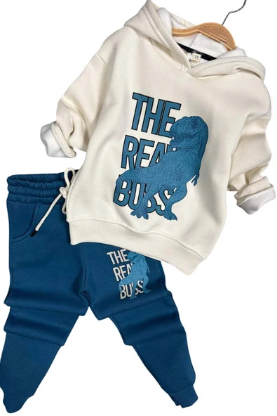 Erkek Çocuk Önü Yazı Ve Dino Baskılı Kapşonlu Sweatshirt 3 İplik Mavi Eşofman Takım - Resim 4