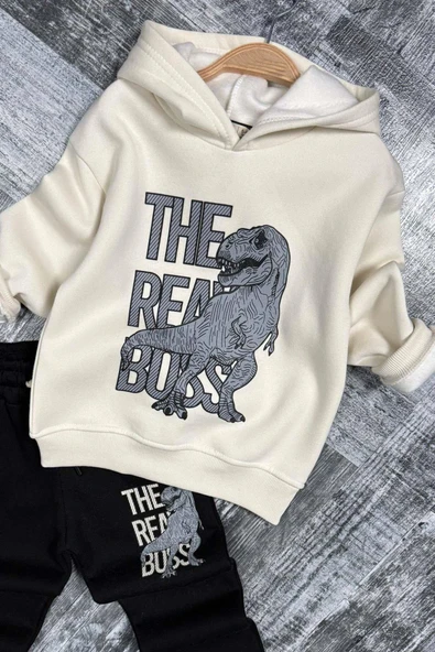 Erkek Çocuk Önü Yazı Ve Dino Baskılı Kapşonlu Sweatshirt 3 İplik Siyah Eşofman Takım - Resim 2