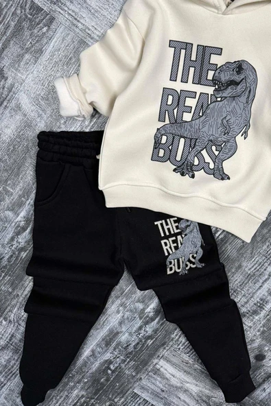 Erkek Çocuk Önü Yazı Ve Dino Baskılı Kapşonlu Sweatshirt 3 İplik Siyah Eşofman Takım - Resim 3