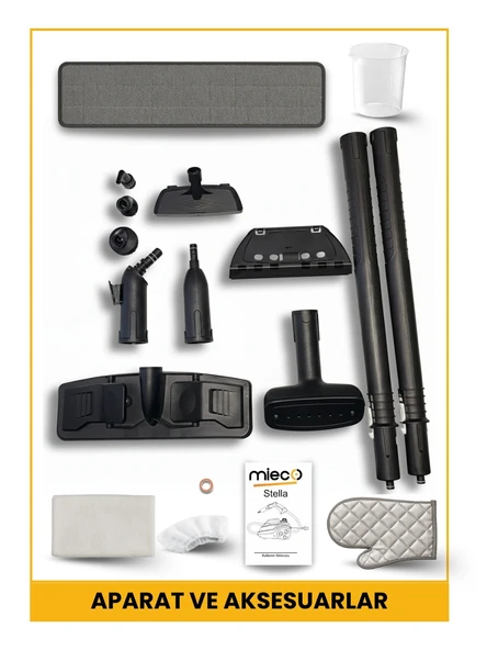 Mieco Stella 5 Bar/ 2000W / Çok Fonksiyonlu Buharlı Temizleyici - Buharlı Temizlik Makinesi + Ütü Başlığı ve Eldiven Hediye   -  Beyaz - Resim 10