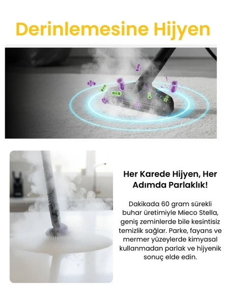 Mieco Stella 5 Bar/ 2000W / Çok Fonksiyonlu Buharlı Temizleyici - Buharlı Temizlik Makinesi + Ütü Başlığı ve Eldiven Hediye   -  Beyaz - Resim 7