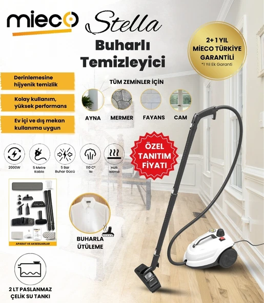Mieco Stella 5 Bar/ 2000W / Çok Fonksiyonlu Buharlı Temizleyici - Buharlı Temizlik Makinesi + Ütü Başlığı ve Eldiven Hediye   -  Beyaz ürün görseli 1