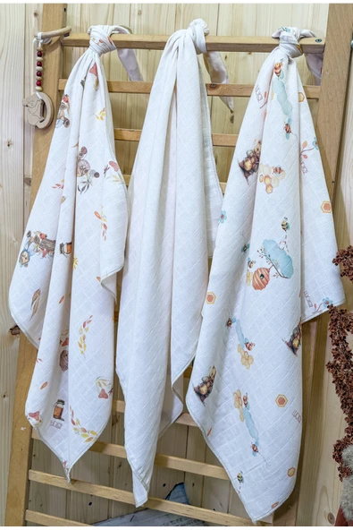 Little Organic's | 3’lü %100 Organik Pamuk Müslin Örtü - Battaniye Seti 75x80 cm | Oeko-tex | Gots - ZTBEST Bear's - 7