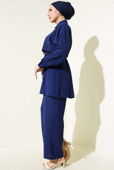 Pelerin Taşlı İp Kuşaklı İkili Takım Lacivert - Resim 3