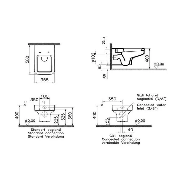 VitrA Water Jewels 54 cm Beyaz Rim-Ex Asma Klozet(Taharet Deliksiz Avrupa Modeli-Kapak Dahildir ) - 2