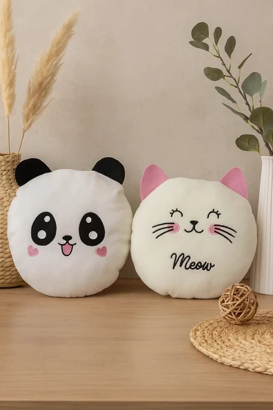 Sevimli Kedi Ve Panda Orta Boy Bebek Çocuk Yastık 2'li Paket