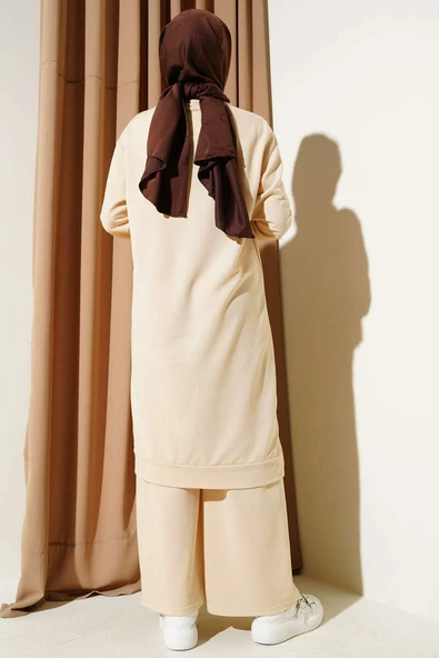 Armalı Bol Paça İkili Takım Kum Bej - Resim 3