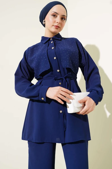 Pelerin Taşlı İp Kuşaklı İkili Takım Lacivert - Resim 2