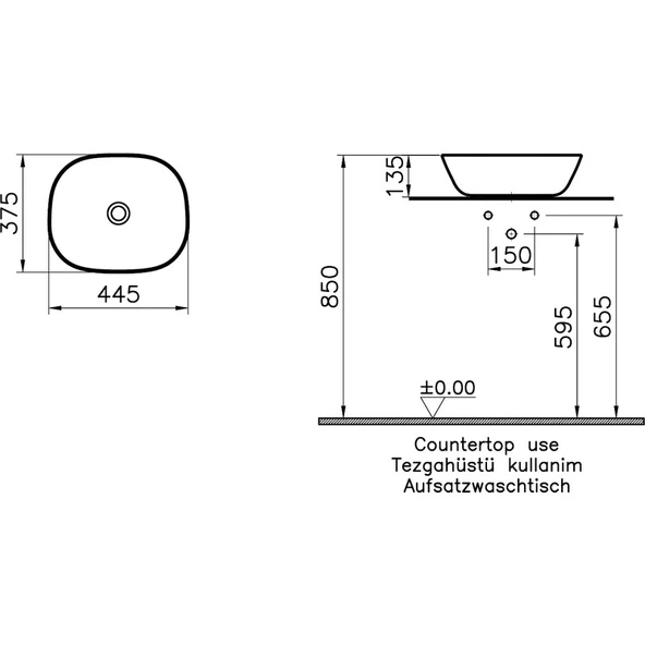 VitrA Plural 7810B475-0016 Kare Alçak Çanak Lavabo, VitrA Clean, 45 cm, Mat Yosun Yeşili - 4