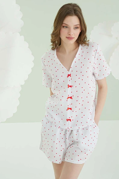 NBB Kalpli Fiyonklu Şortlu Müslin Pijama Takım Ekru ürün görseli 1