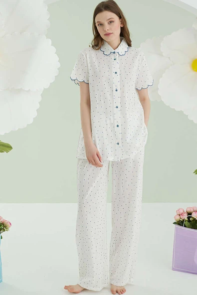 NBB Puantiyeli Keten Pijama Takımı Mavi ürün görseli