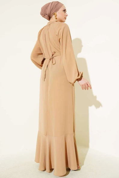 Reglan Kol Zincir Kuşaklı Elbise Camel - Resim 3