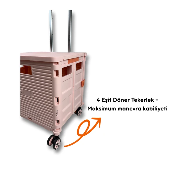 4 Tekerlekli, 55 Litre Pembe Katlanır Alışveriş Arabası - Hareketli Tutacaklı - 4