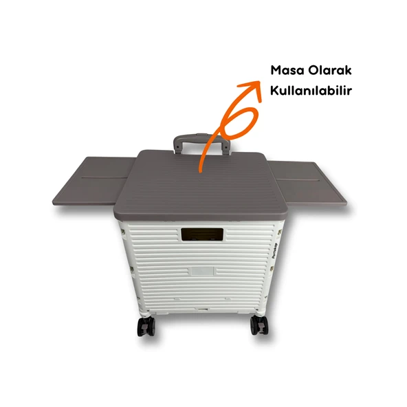 Piknik Masalı, 8 Tekerlekli, 55 Litre Beyaz ve Kahverengi Katlanır Alışveriş Arabası - 2