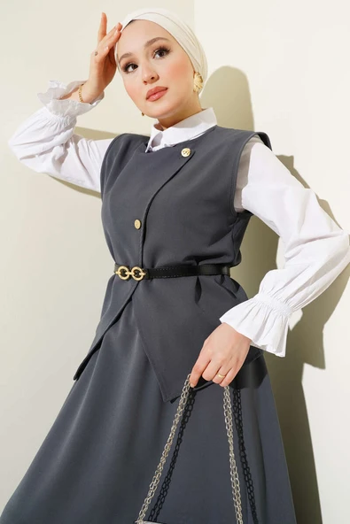 Çapraz Gold Düğmeli Etekli İkili Takım Füme - Resim 2