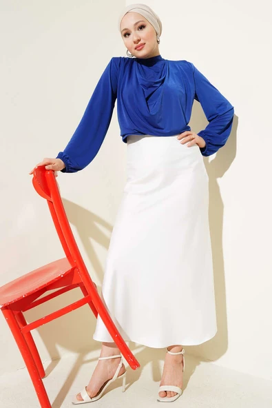 Degaje Yaka Omuz Vatkalı Sandy Bluz Saks - Resim 2