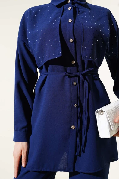 Pelerin Taşlı İp Kuşaklı İkili Takım Lacivert - Resim 4