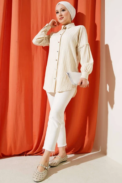 Kol Taşlı Ağaç Kabuğu Gömlek Bej - Resim 2