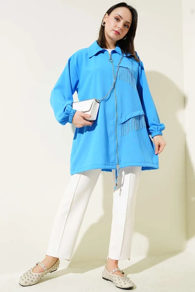 Püskül Taşlı Fermuarlı Kap Mavi - Resim 2