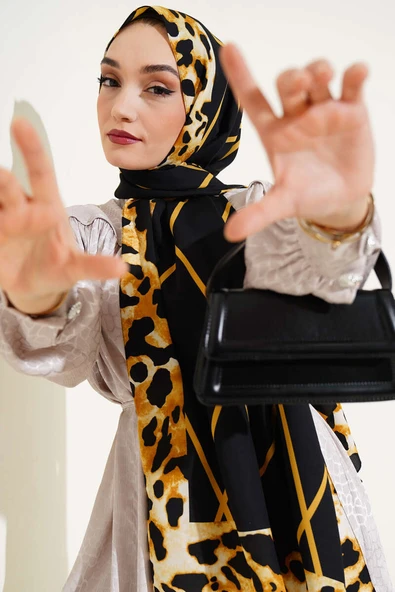 Leopar Şeritli Çizgili Medine Şal Siyah Hardal ürün görseli 1